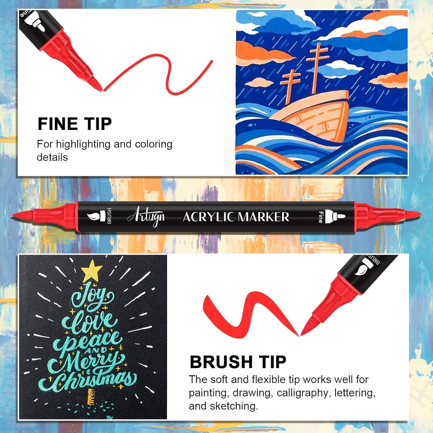 24 Colors Acrylic Paint Pens, Dual Tip Pens With Fine Tip and Brush Tip for Rock Painting, Ceramic, Wood, Plastic, Calligraphy, Scrapbooking, Brush Lettering, Card Making, DIY Crafts