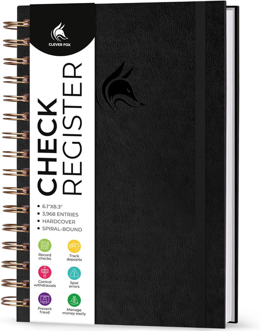 Clever Fox Check Register for Personal Checkbook – Checking Book Register – Checkbook Register – Accounting Ledger Book – 3968 Entry Lines, 6.1" x 8.3", Spiral Binding, Hardcover, Black