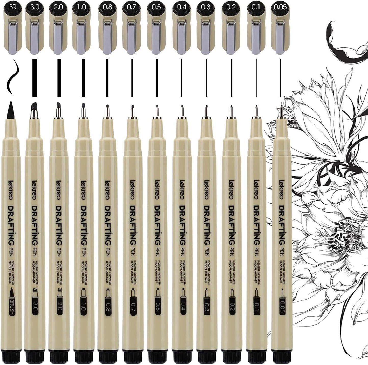 Micron 12-Piece Fineliner Pen, Assorted Point Sizes 0.05 to 3mm & Brush Pens, for Art, Writing & Bullet Journaling (12 Point Sizes)