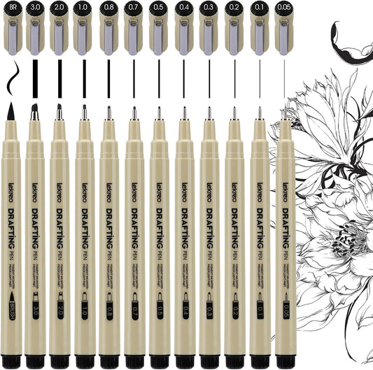 Micron 12-Piece Fineliner Pen, Assorted Point Sizes 0.05 to 3mm & Brush Pens, for Art, Writing & Bullet Journaling (12 Point Sizes)
