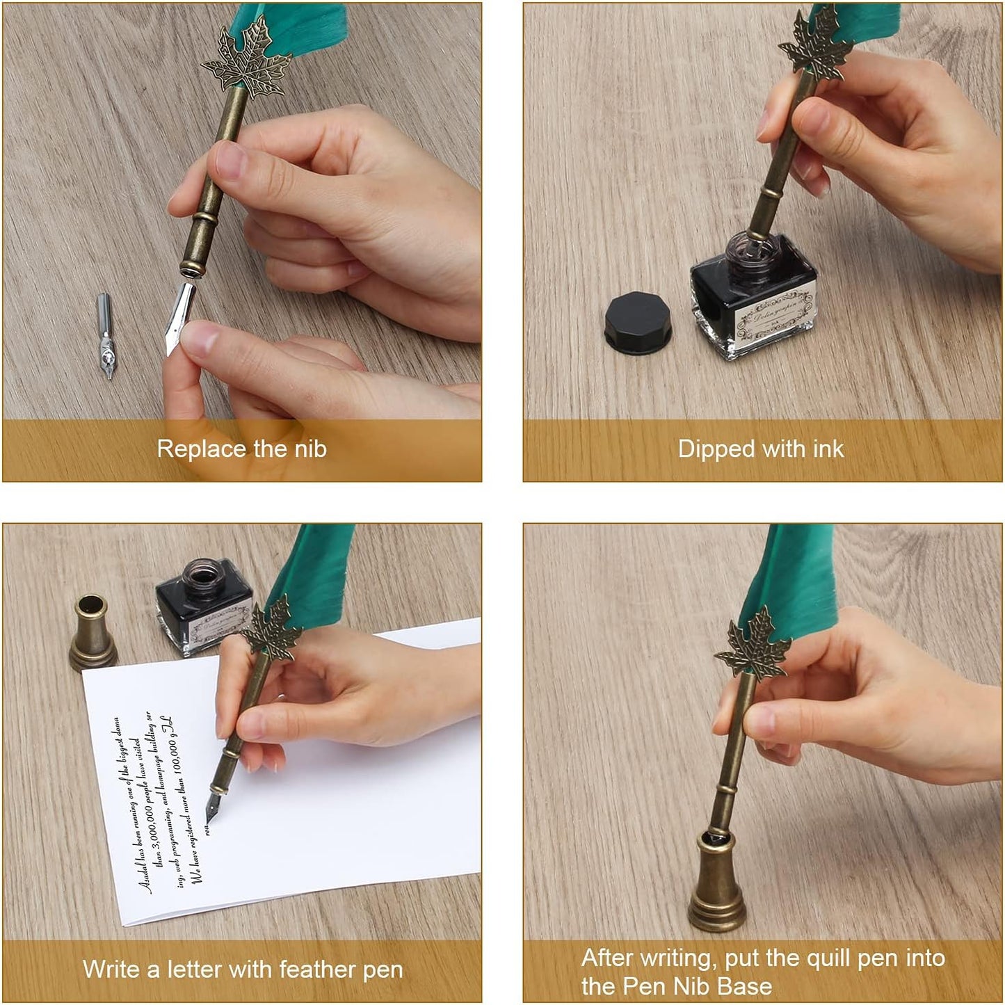 AHIER Quill Pen and Ink Set, Feather Pen Quill Pen Set Includes 5 Steel Replacement Nibs,Pen Nib Base and Dip Ink Bottle for Antique Calligraphy
