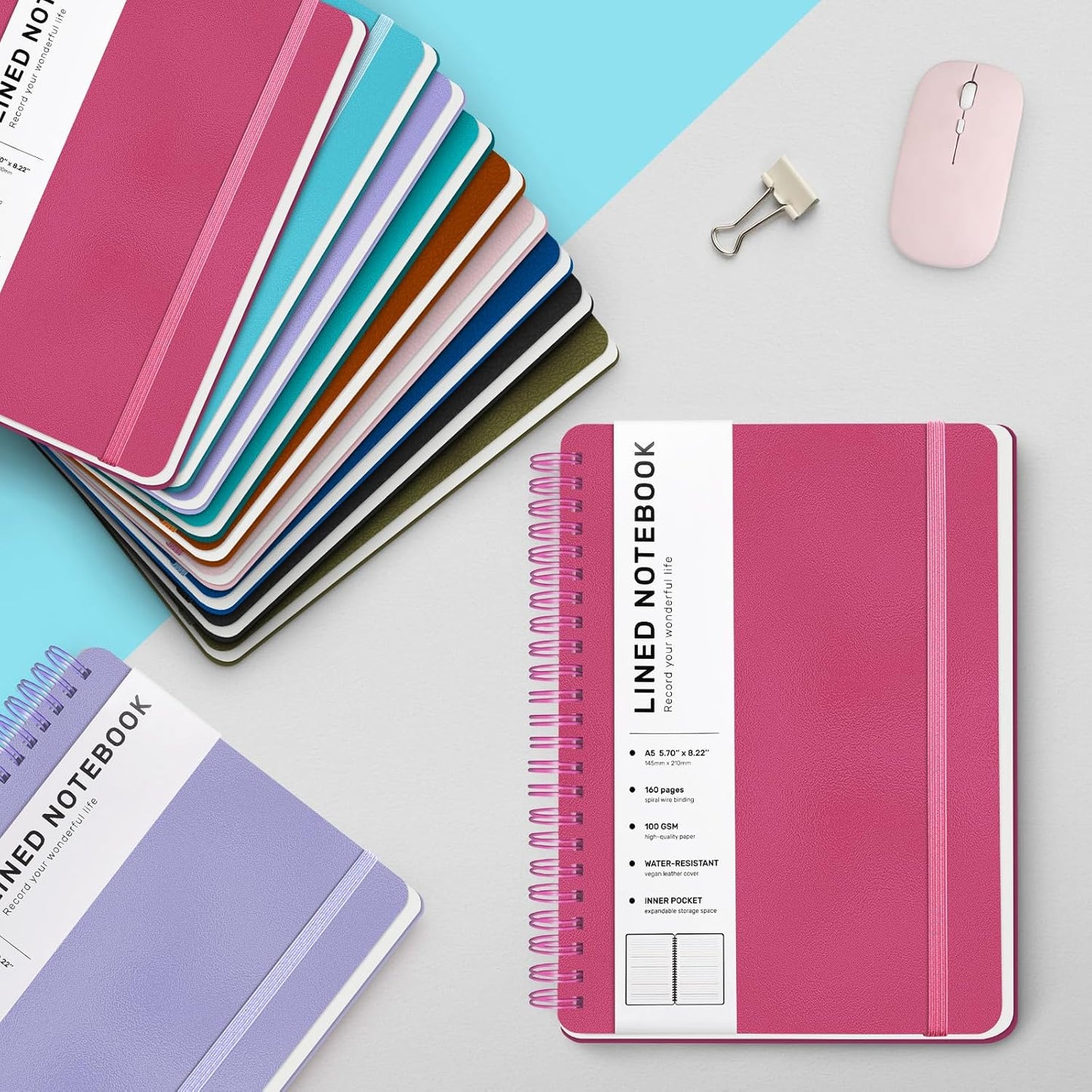 Lined Spiral Journal Notebook, A5 Hardcover Leather Notebook for Work, 5.7''×8.2'', 100GSM Thick Paper Spiral Bound Journaling Notebooks for Women & Men Office School Note Taking Business, Rose Red