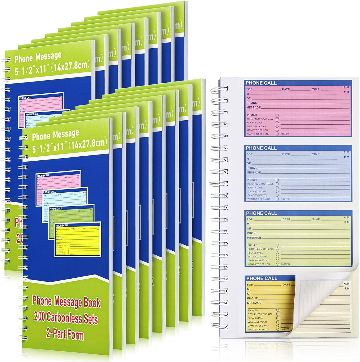 Sinmoe 16 Pcs Spiral Bound Phone Message Book with Carbon Copy 5-1/2" x 11" 2 Part Colorful Carbonless Telephone Message Pads Duplicate Spiral Phone Call Log Book for Business Office
