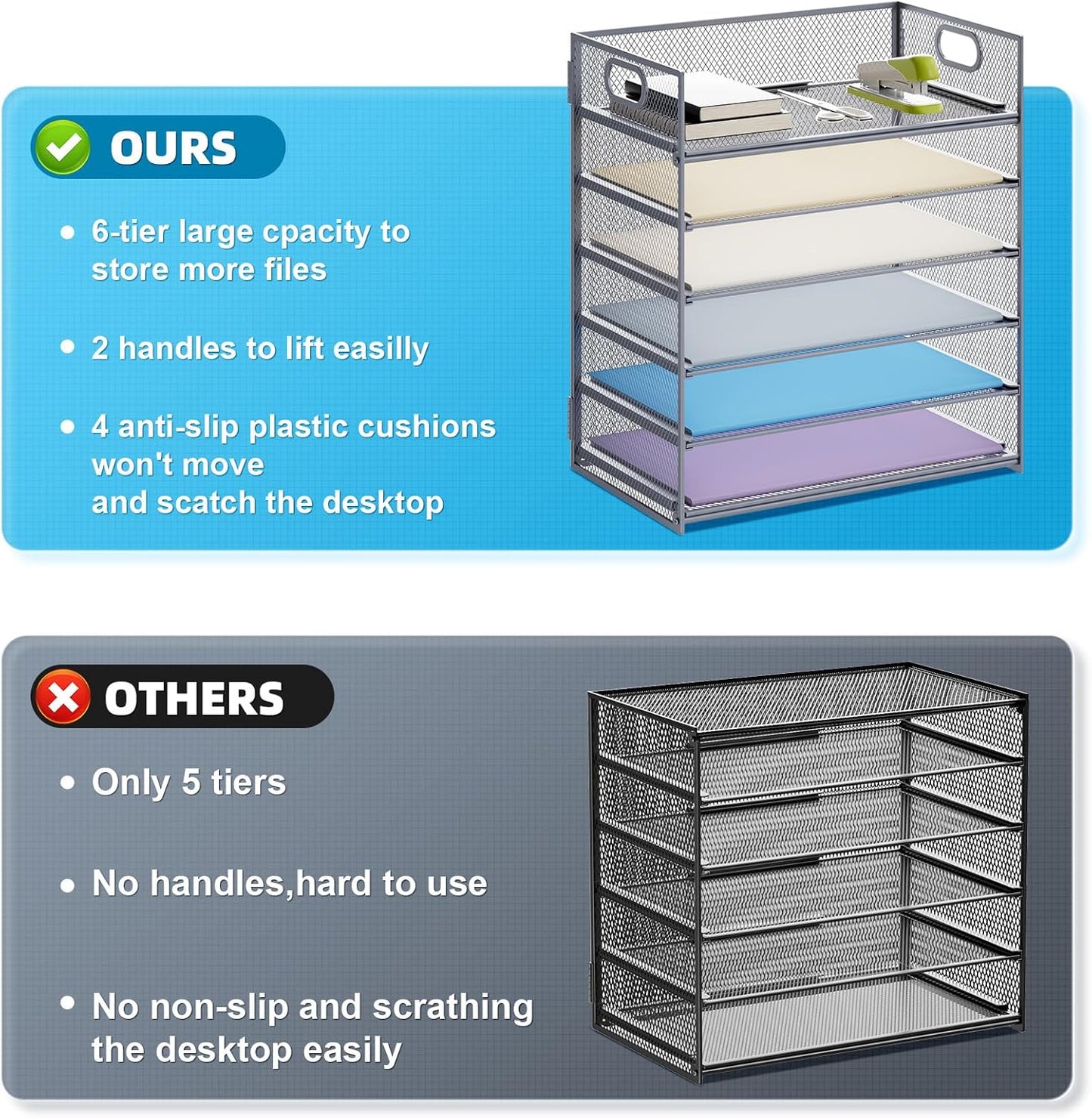 Marbrasse 6 Tier Paper Organizer Letter Tray - Mesh Desk File Organizer with Handle, Paper Sorter for Letter/A4 Office File Folder Holder - Grey