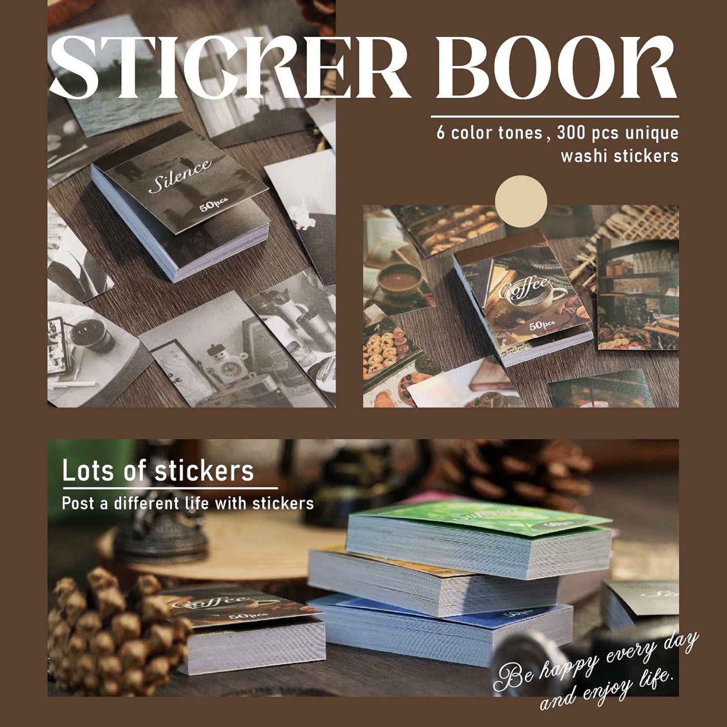 Washi Stickers, 6 Sets 300 Pcs Aesthetic Sticker Book for DIY Journaling, Journaling Supplies for Bullet Journal Art Diary Card Craft Gifts Planner Notebook