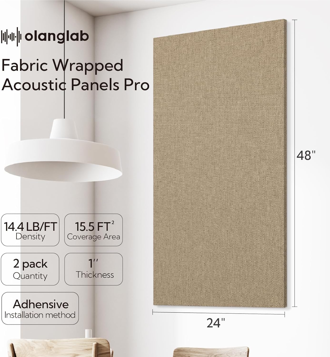 Olanglab Acoustic Panels 2 Pack, 48''x24'' Large Sound Panels, Fabric Wrapped Sound Proof Foam Panels for Walls, Sound Absorbing Panels for Recording Studio Acoustical Treatments (Khaki)