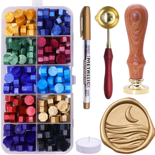 SWANGSA 3D Moon and Ocean Wax Seal Stamp Kit with 200pcs Sealing Wax Beads, Great for Embellishment of Invitations, Wine Packages, Gift Ideas