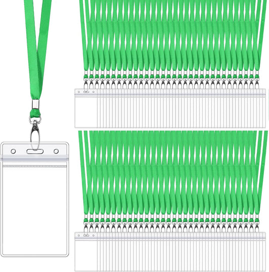 Fumete 100 Sets Name Tag Lanyards with ID Badge Holder Durable Clear Cruise Teacher Lanyards with Plastic Waterproof ID Badge Holders Bulk for Adults Teacher School Office Ship Cards(Green)