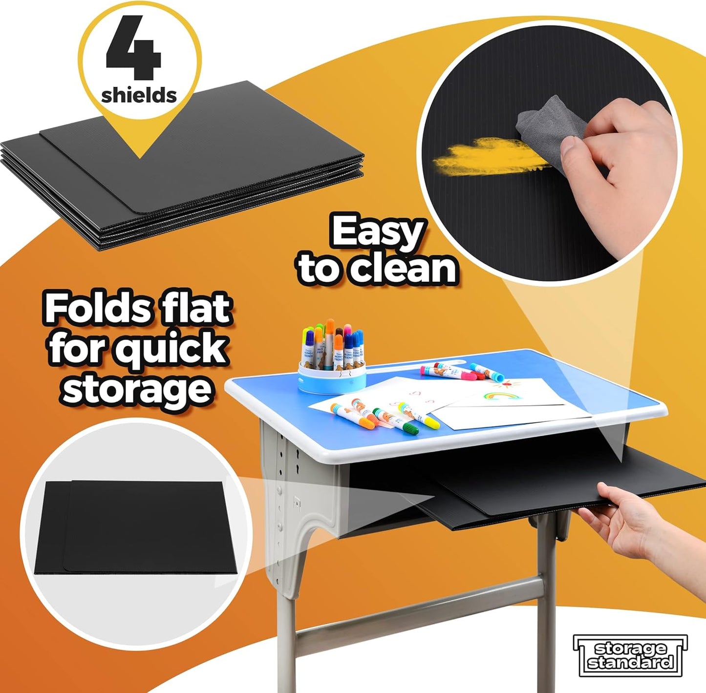 4-Pack Desk Dividers for Students - Durable & Waterproof Plastic Study Carrel Divider, Classroom Folders Teacher Supplies, Easy-to-Clean Plastic Privacy Shield Folder Boards for Student Desks, Black