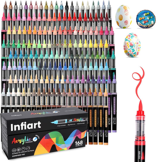 Automatic Ink Control Acrylic Paint Markers Brush Tip 168 Colors Acrylic Paint Pens Water-Based Acrylic Markers Set for Stone, Wood, Rock Painting, Canvas, Glass, DIY & Art Supplies