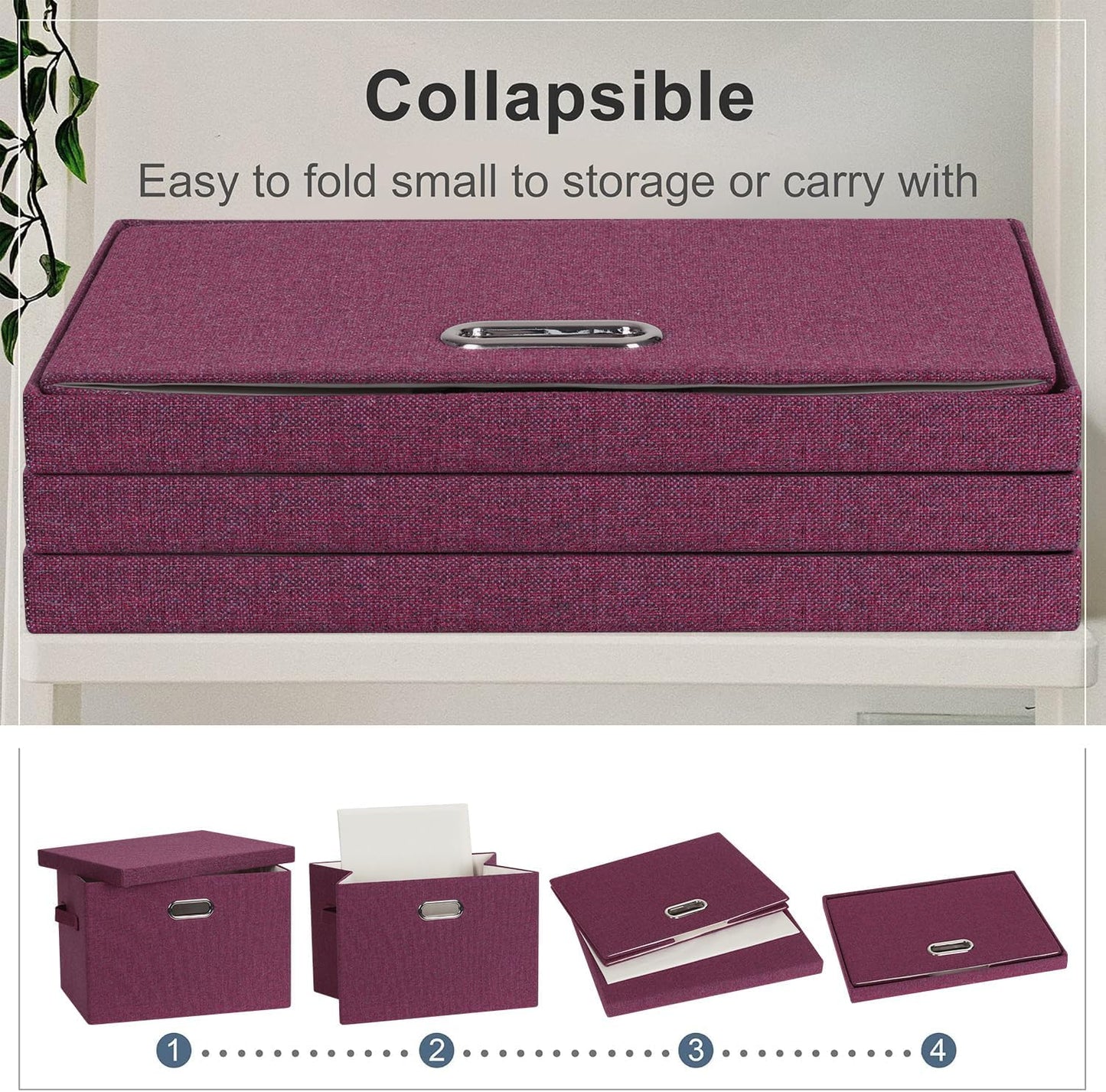 Large 17" 36 Quart Collapsible Stackable Storage Bins with Lids, 3 Packs Purple Linen Fabric Closet Boxes with Lids, Storage Cube Baskets Container Organizers for Bedroom Office (17x12x11)