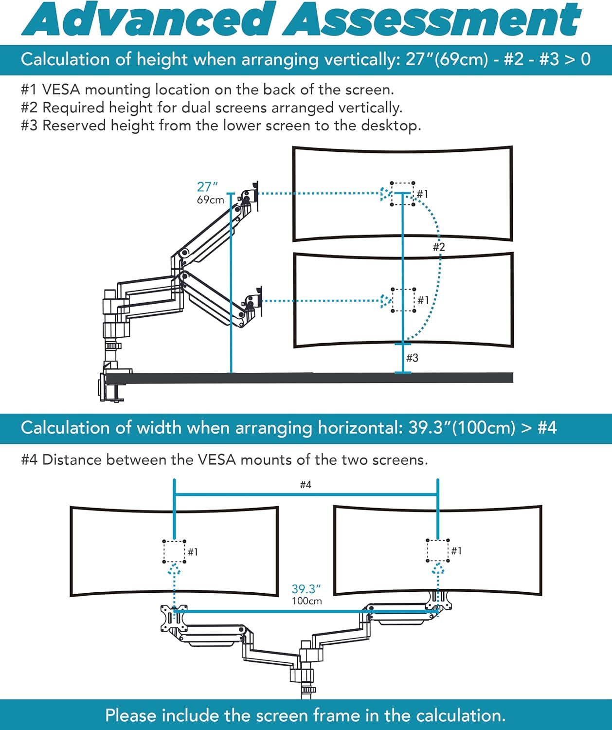 Heavy Duty Extension Arm [Accessory Only - Requires MA20P-S Single Monitor Arm for Use] Dual 49" Vertical Stacked Monitor Mount Height Adjustable - 100x100 VESA Mount, Black, MA20P-A