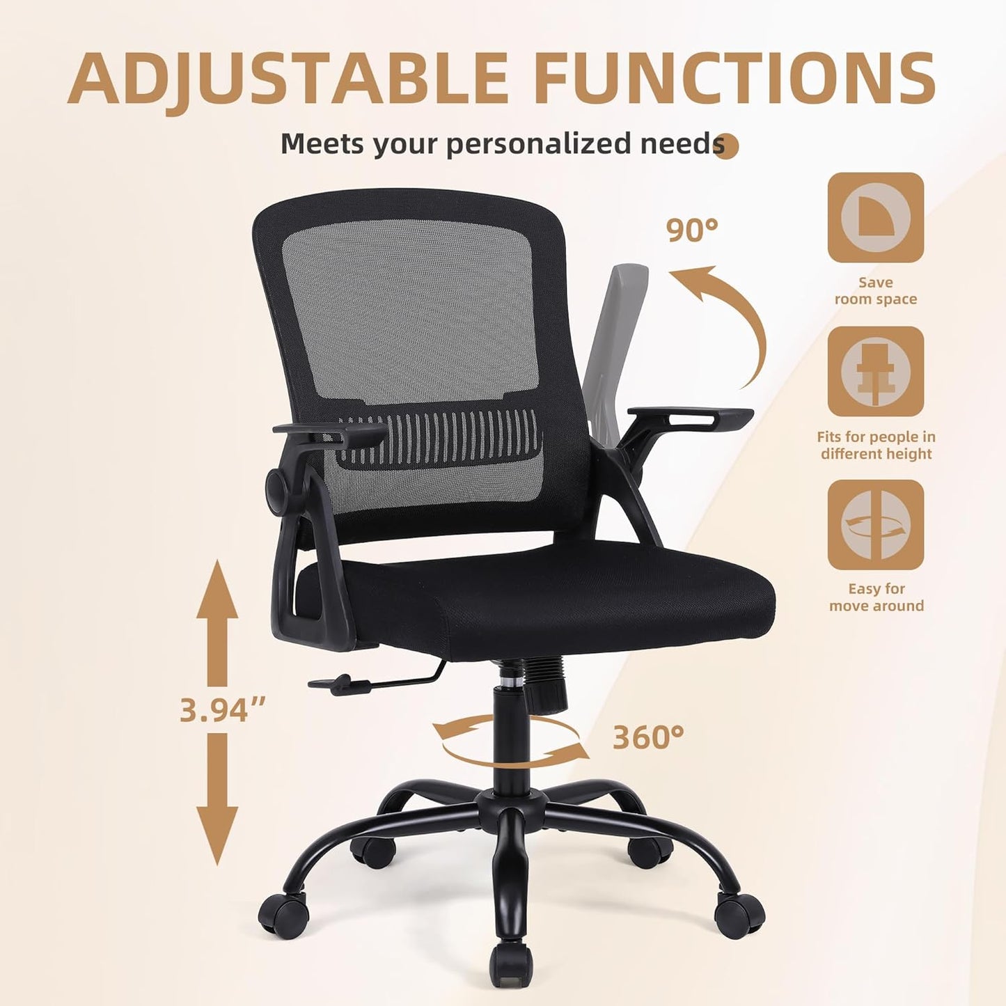 Office Chair, Ergonomic Desk Chair with Lumbar Support, Breathable Mesh Chair with Flip-up Armrests and Mid Back, Comfy Task Computer Height Adjustable Swivel Chair (1, Black)