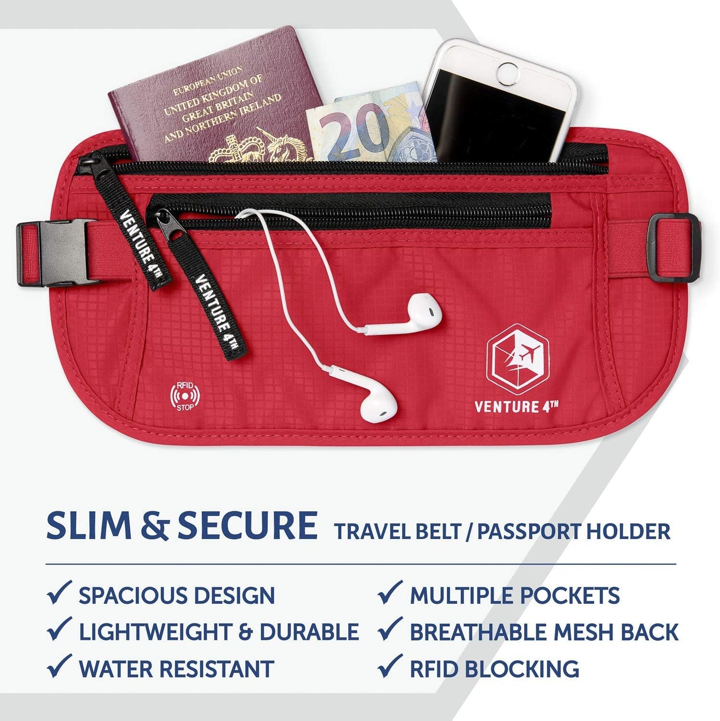 VENTURE 4TH Travel Money Belt - Slim Passport Holder RFID Blocking Travel Pouch to Protect Cash, Credit Cards and Travel Documents (Red)