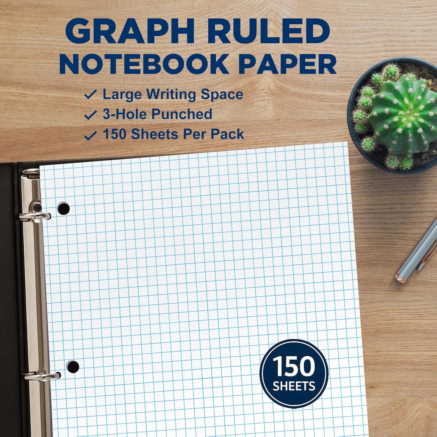 Woodlake Loose Leaf Graph Paper, 4x4 Quad Ruled Notebook Paper, 8 x 10.5” Graphing Paper, 150 Sheets per Pack, 3 Pack Filler Paper, 3 Hole Punched, Made in USA