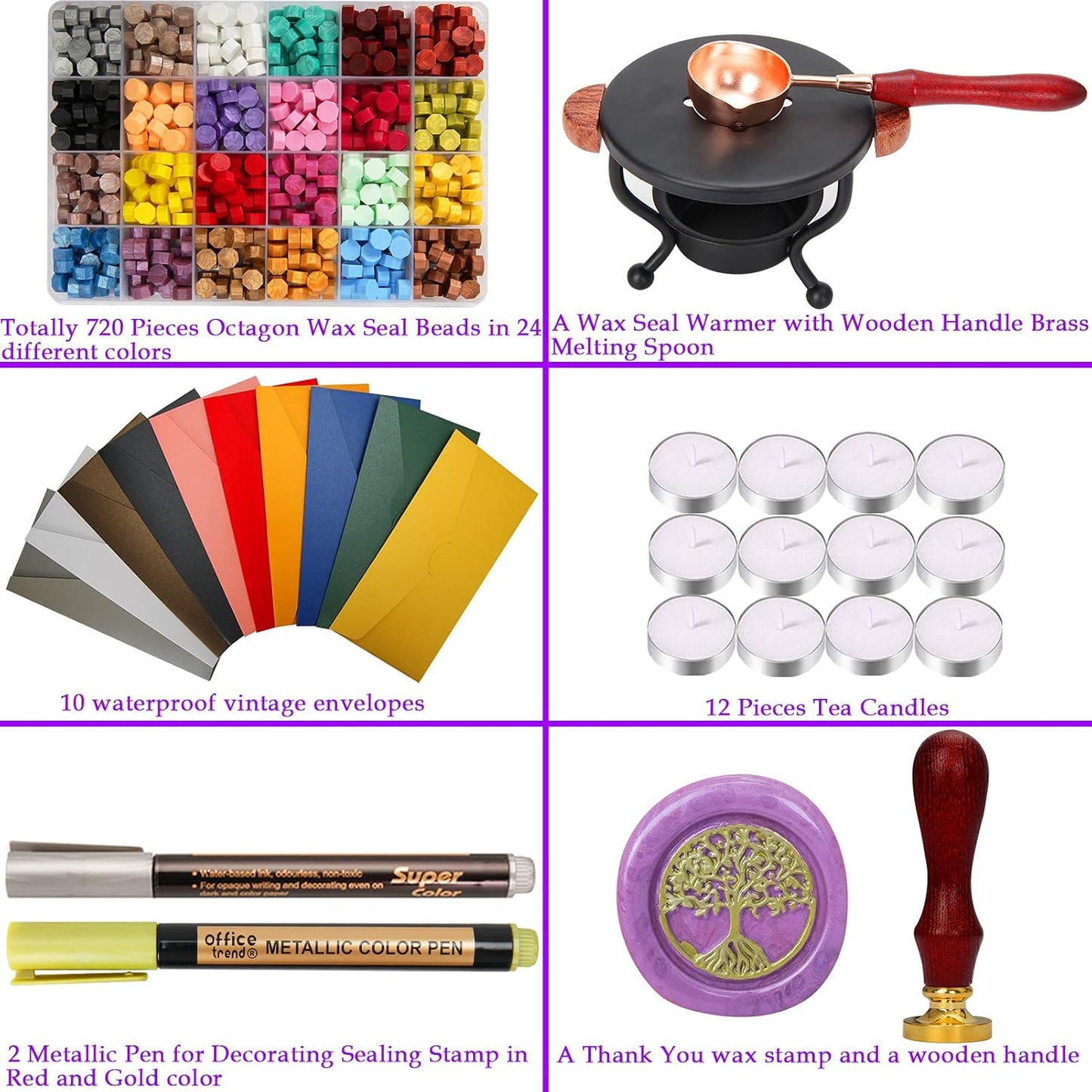 Wax Seal Stamp Kit, YIPLED 24 Colors 748 Pcs Sealing Wax Beads with Wax Seal Stamp, Tea Candles, Stamp Warmer, Melting Spoon, Envelopes and Metallic Pens, Wax Seal Kit for Birthday & Gift Decoration
