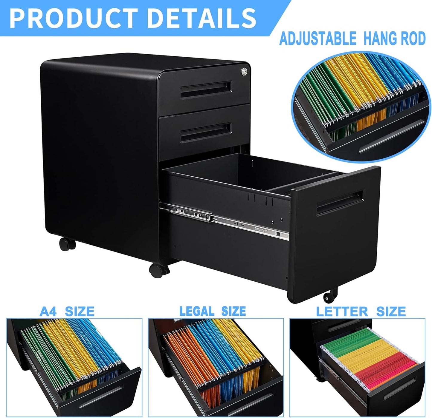 Letaya File Cabinet, 3 Drawer Filing Cabinets for Home Office with Lock Mobile Under Desk Fully Assembled Cabinet (Black)