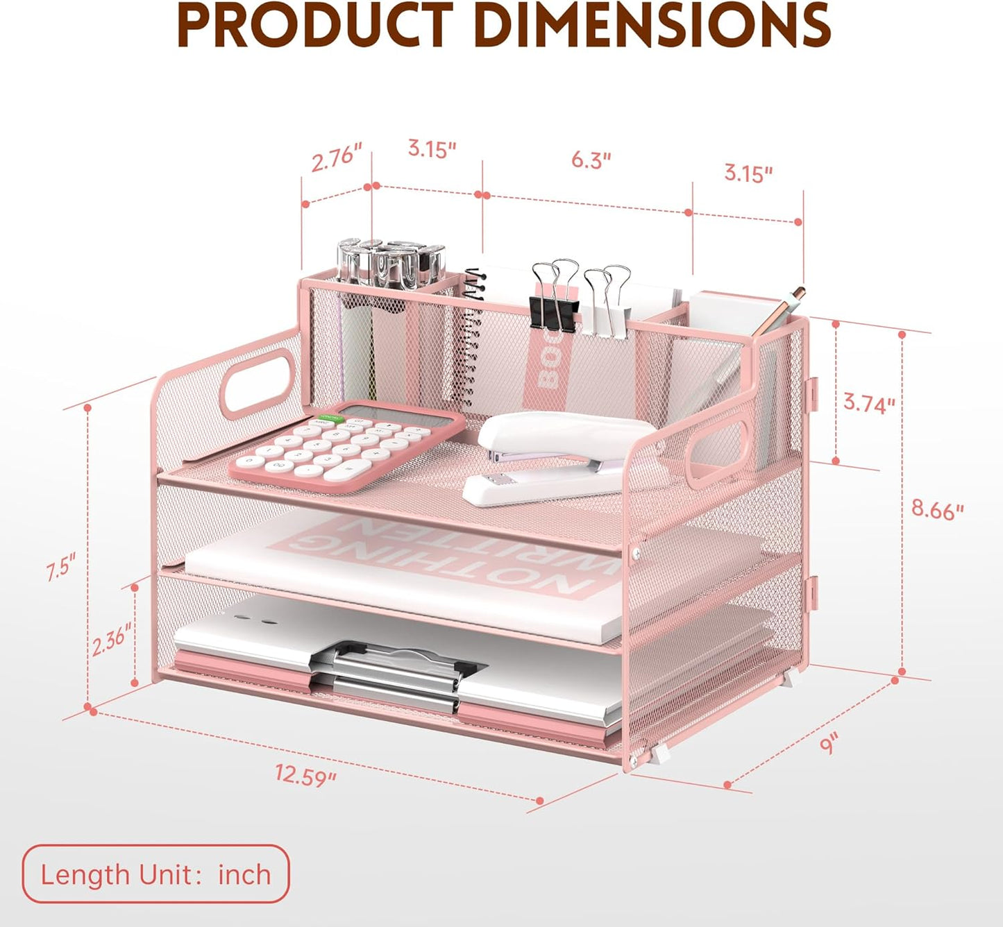SUPEASY 3 Tier Desk Organizer with Handle & 3 Pen Holders, Mesh Paper/File Organizer for Desk, Paper Letter Tray Organizer for Office Supplies (Cute Pink)