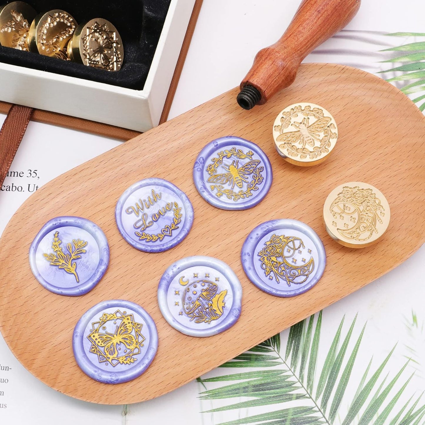 SWANGSA Wax Seal Stamp Set, Vintage 6 Pieces Sealing Wax Stamp Heads and 1 Wooden Handle for Wedding Party Invitations, Letters, Envelopes, Christmas (with Love Bee Monn Eucalyptus Set)