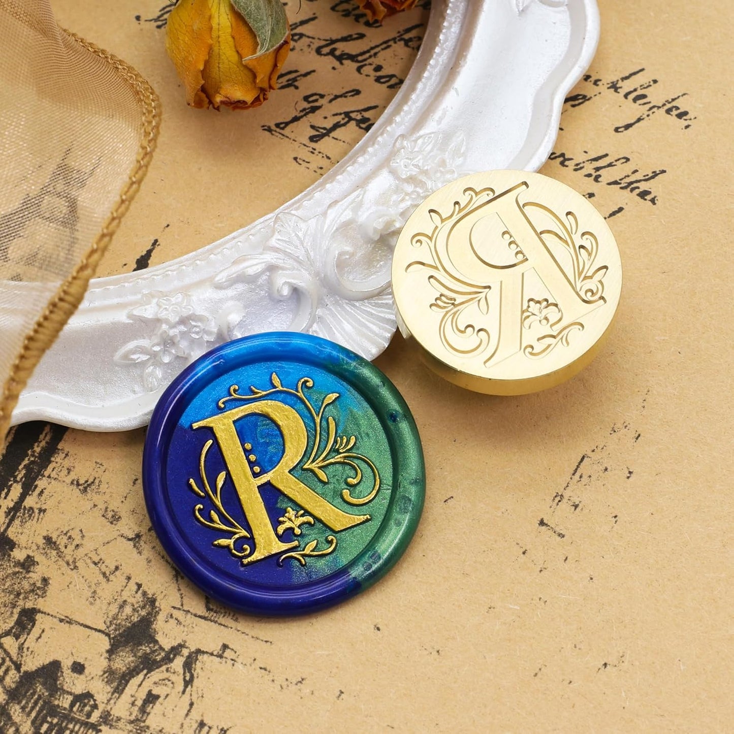 SWANGSA Initial Alphabet R Wax Seal Stamp Kit, Classic Retro Letter Sealing Stamp with 200pcs Sealing Wax Beads Kit for Wedding Invitations Cards Envelopes (R)