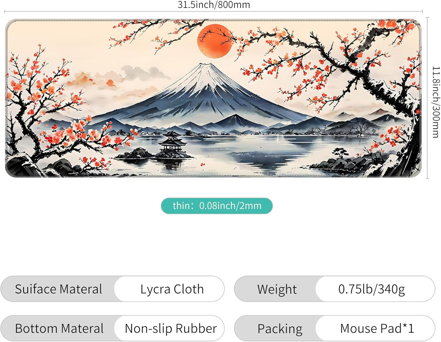 Dynippy Thin Extended Gaming Mouse Pad （31.5 * 11.8 * 0.08 inch） with Stitched Edges Large Mousepad Long XXL Keyboard and Mouse pad Desk Mat for Gaming Office & Home - Japanese Landscape