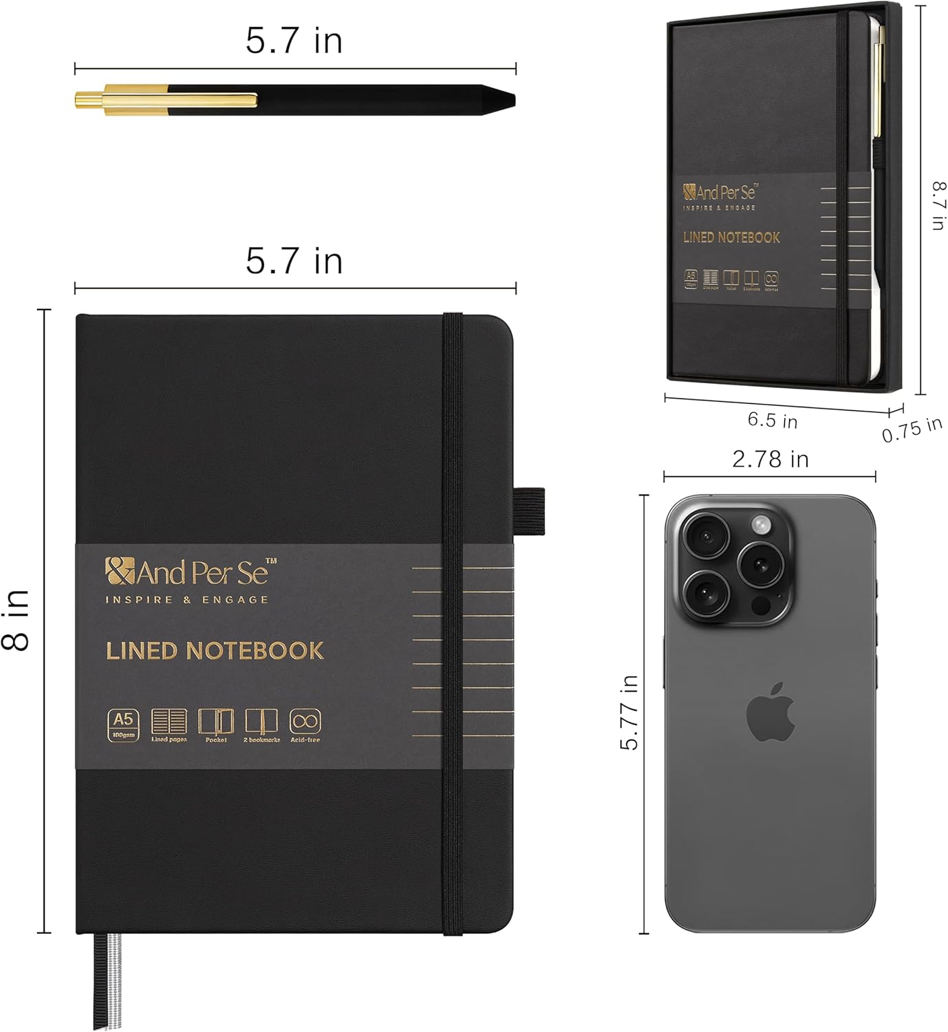 A5 Lined Leather Journal and Pen Set for Women&Men, Gift Box Included, Hardcover Notebook with 160 Pages 100GSM Thick Paper, for Work, Business, School or Home Writing(Black)