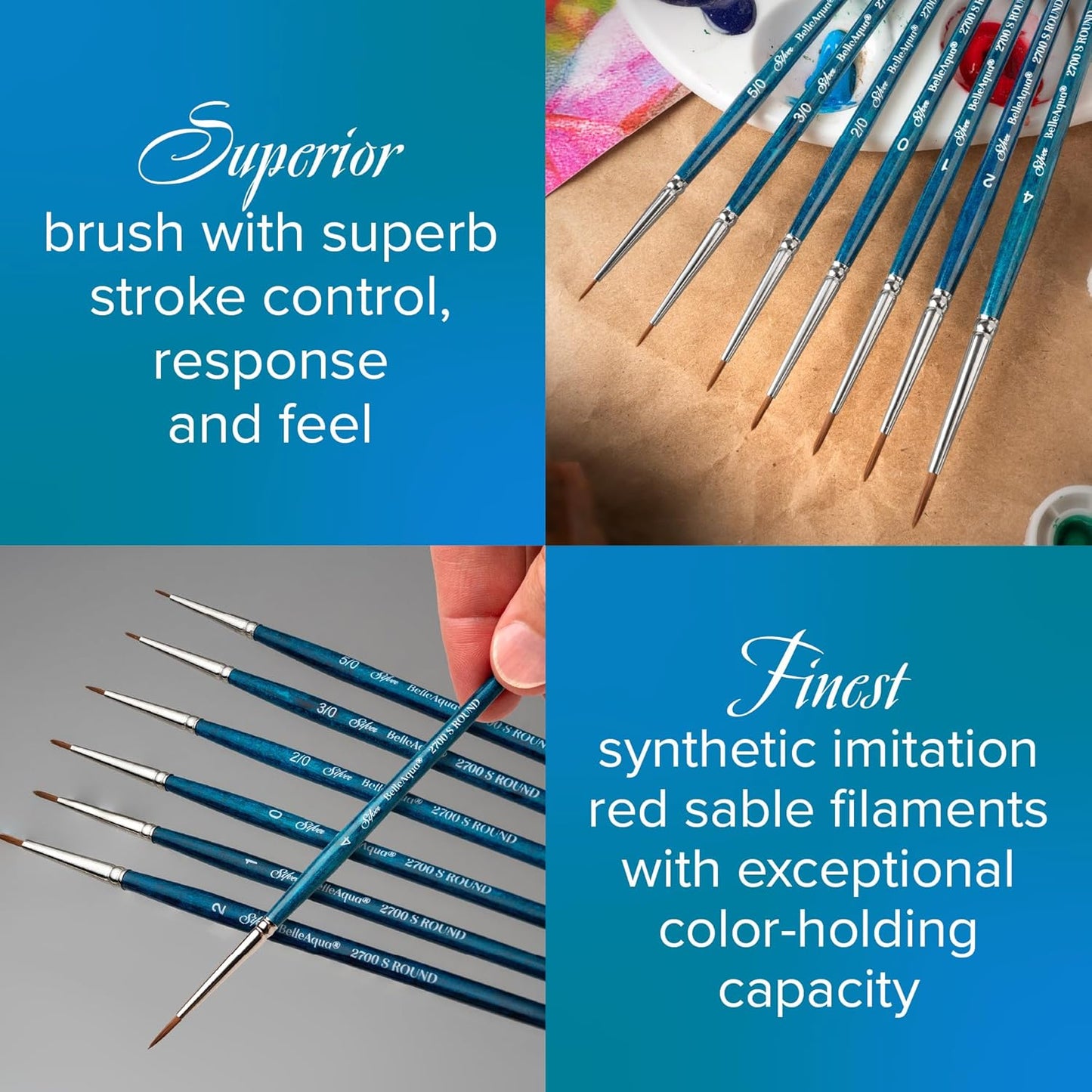Silver Brush Limited BA-2705S BelleAqua Must-Have Rounds 7pc Round Watercolor Brush Set, Professional Soft Synthetic Red Sable Small Detail Round Paint Brush Set, Sizes 5/0, 3/0, 2/0, 0, 1, 2, and 4