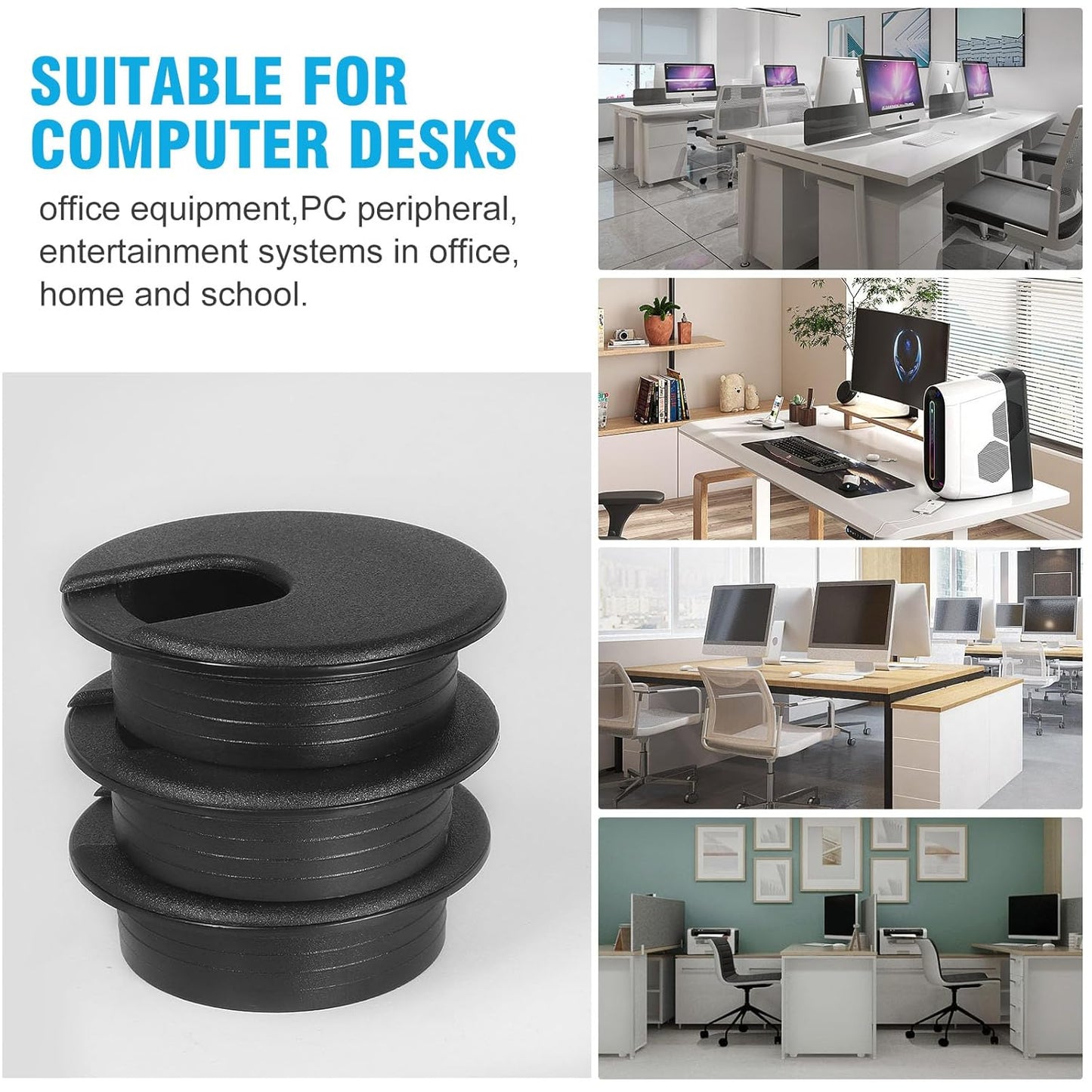 2" Black Desk Grommet with Bi-Metal Hole Saw, JTemgle Plastic Cable Hole Cover Computer Table Cord Wire Organizer Caps, Desktop Cord Management for Home Office TV Stands Tabletops, 7 Pieces