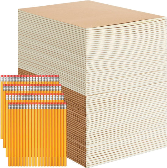Jetec 100 Pcs Kraft Notebook Journals and Pencil 5.5 Inch x 8.3 Inch A5 Softcover Notebooks Bulk for Writing Sketch Office Notepad with 60 Pages 30 Sheets
