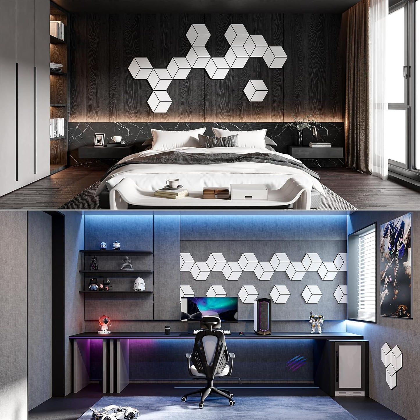 12-Pack Self-Adhesive Acoustic Panels 12" x 10" x 0.4" High-Density, Flame-Resistant Soundproof Foam. Absorbs Noise and Eliminates Echoes, Hexagonal 3D Design (White Face)