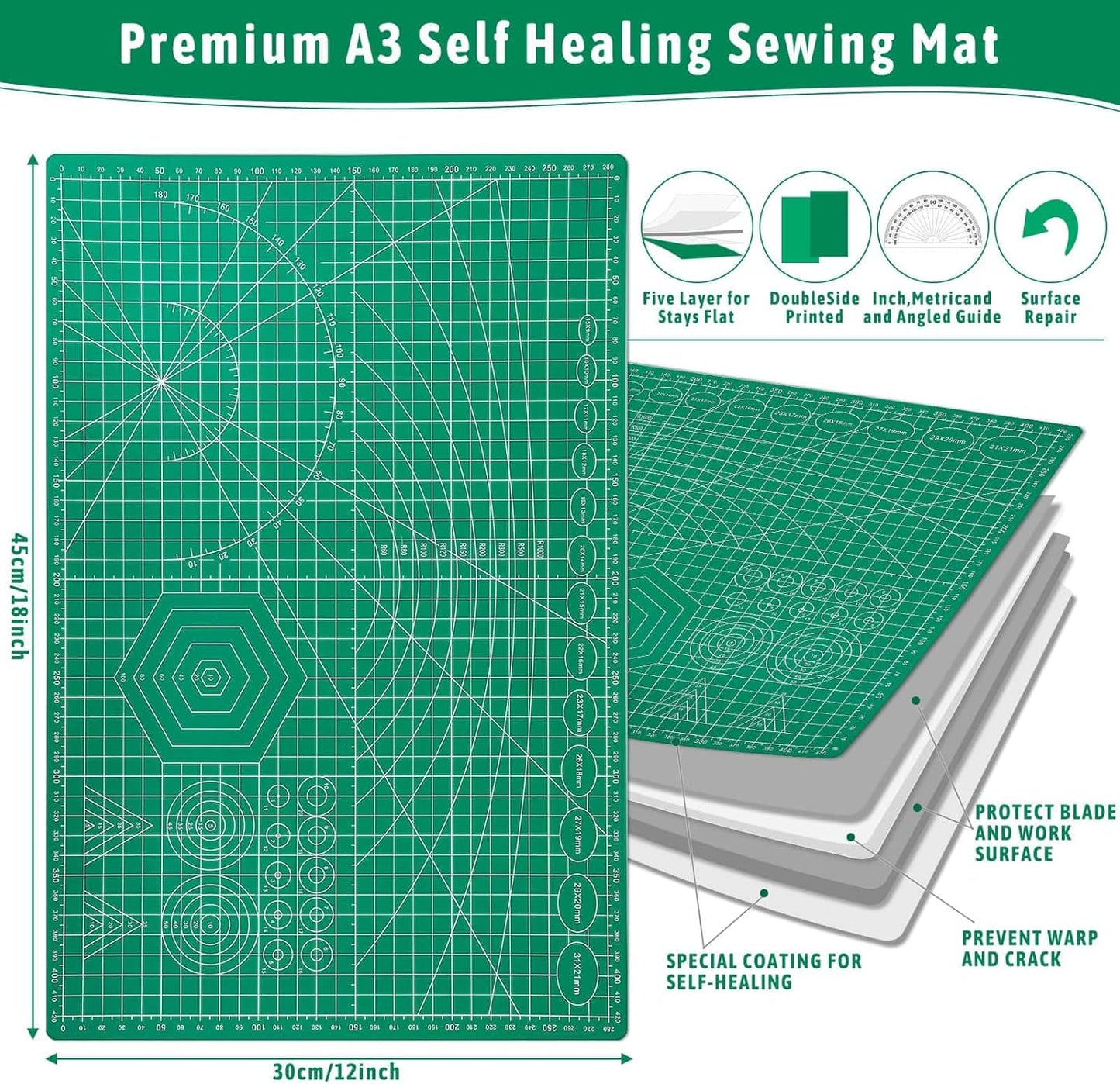 5 Pack Self Healing Cutting Mats and Exacto Knife Set, Sewing Mats with Precision Cutters and Extra 50Pcs SK5 Steel Blade 12" x 18" Work Mat for Crafts, Scrapbooking and Quilting