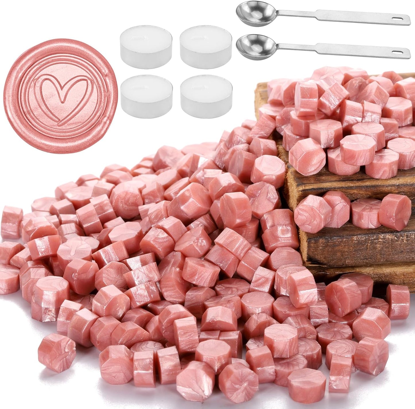 Yoption 300 Pieces Rose Gold Sealing Wax Beads, Vintage Octagon Wax Seal Beads with 4 Candles and 2 Wax Seal Melting Spoons for Wax Seal Stamp (Rose Gold)