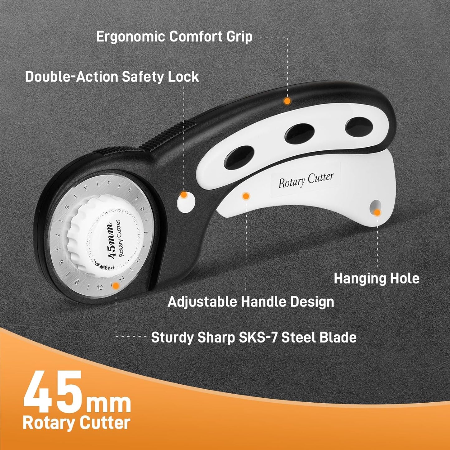Teslong 45mm Rotary Cutter for Fabric, Extra 8pcs Replacement Blades, Ergonomic Handle Fabric Cutter Wheel with Safety Lock for Fabric, Leather, Paper, Crafting, Sewing, Quilting, Left & Right Hand