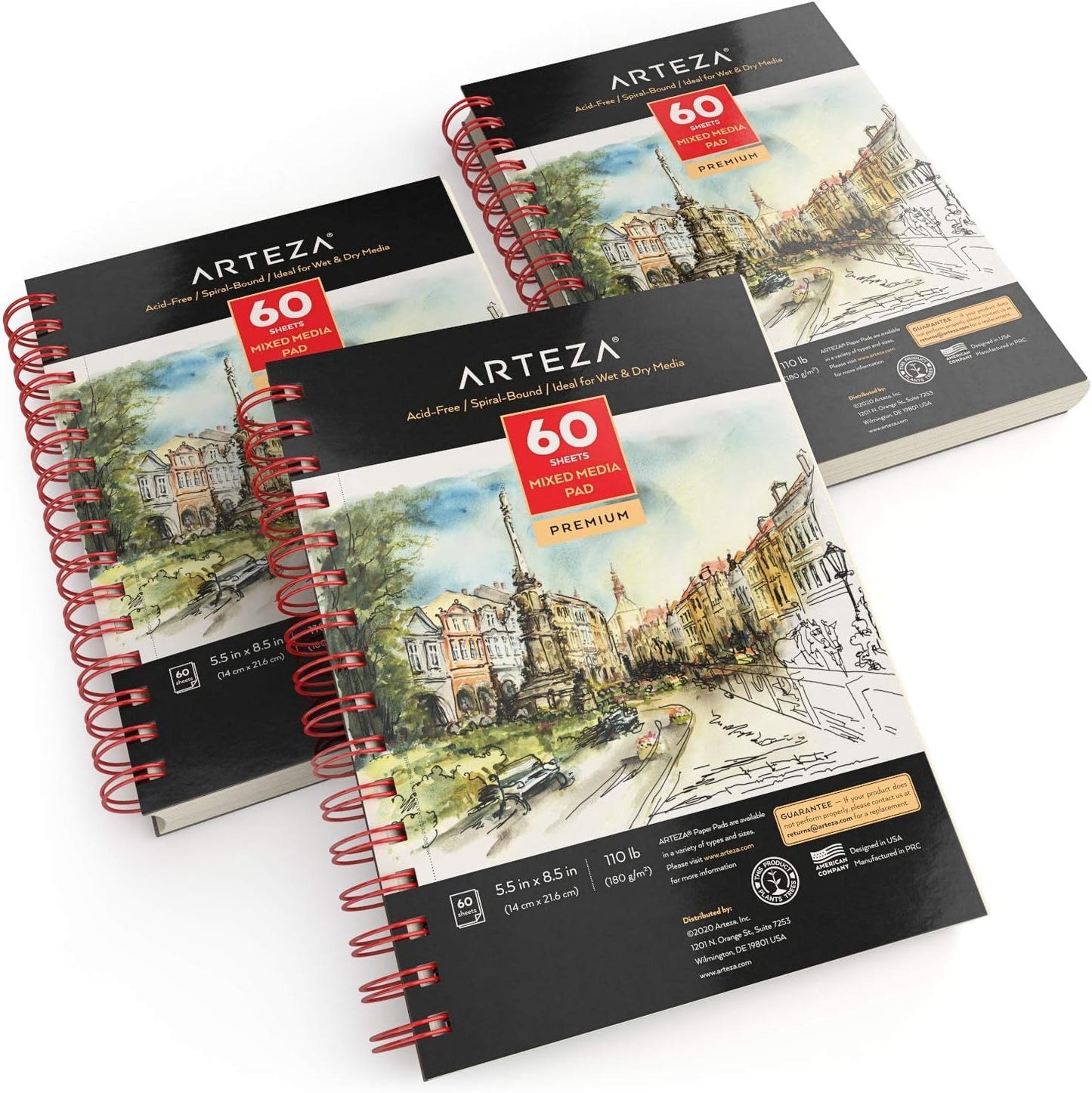 ARTEZA Mixed Media Sketchbook, 5.5 x 8.5 Inches, Pack of 3, 60 Sheets Each, Micro-Perforated Spiral-Bound Paper Pad for Wet and Dry Media