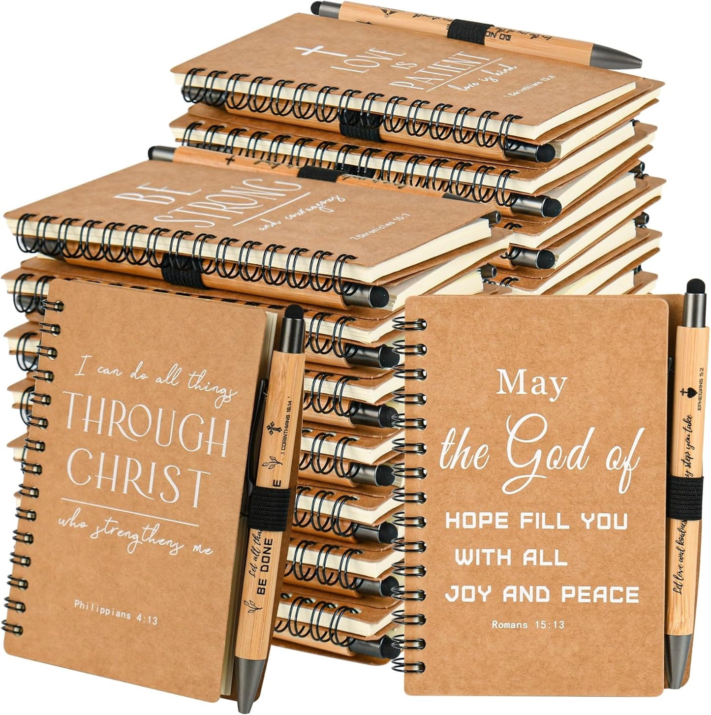 Christian Prayer Journal Spiral Notebooks Bulk with Pens - Small Notepads (4.13”x5.43”) - inspirational Gifts for Women men,Church Members & Bible Study Groups (30 sets Brown)
