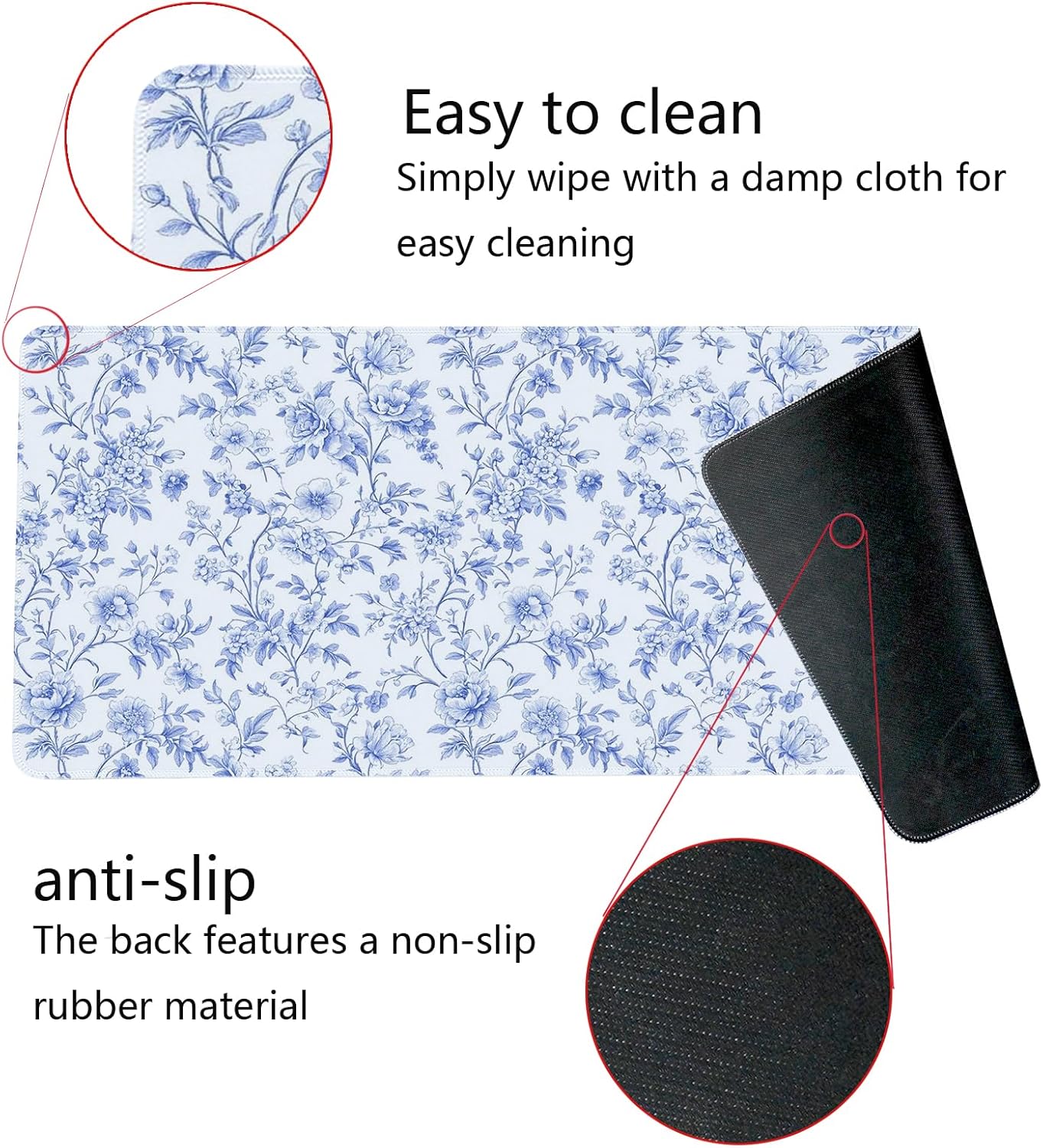 Light Blue Chinoiserie Mouse Pad,Vintage Blue And White Floral Desk Mat,XL Large Vintage Floral Preppy Mouse Pad,Girly Gaming Mousepad,Girly Laptop Desk Mat For Dorm Home Office,31.5x11.8 Inch