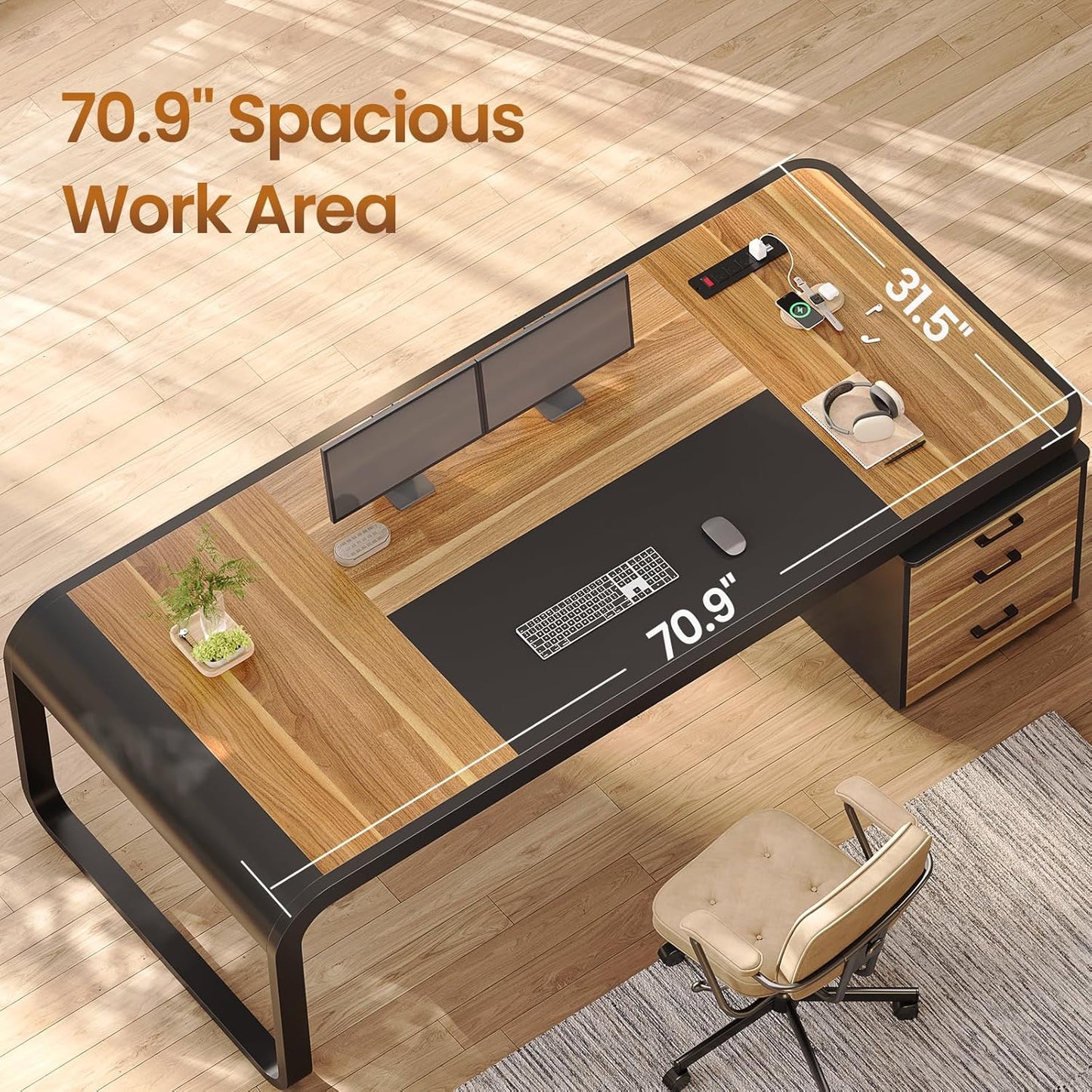 Itaar 70.9" Executive Desk, Large Computer Desk with Drawers and Lateral File Cabinet, Office Desk with Removable Shelves, Business Furniture Desk Workstation for Home Office, Light Walnut