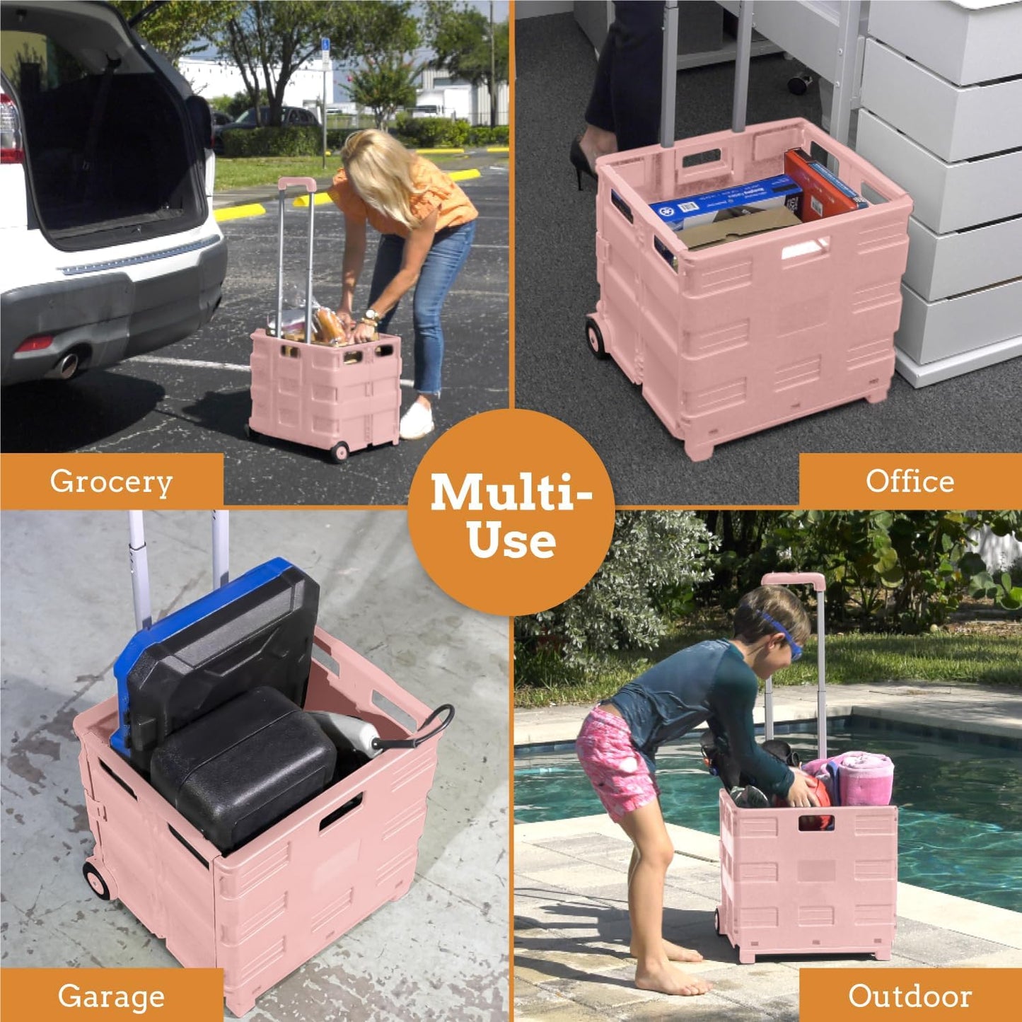 Inspired Living Ultra-Slim Rolling Collapsible Storage Pack-N-Roll Utility-carts, with Telescopic Handle, for Home, Garden, Shopping, Office, School use, Medium, Raspberry Pink