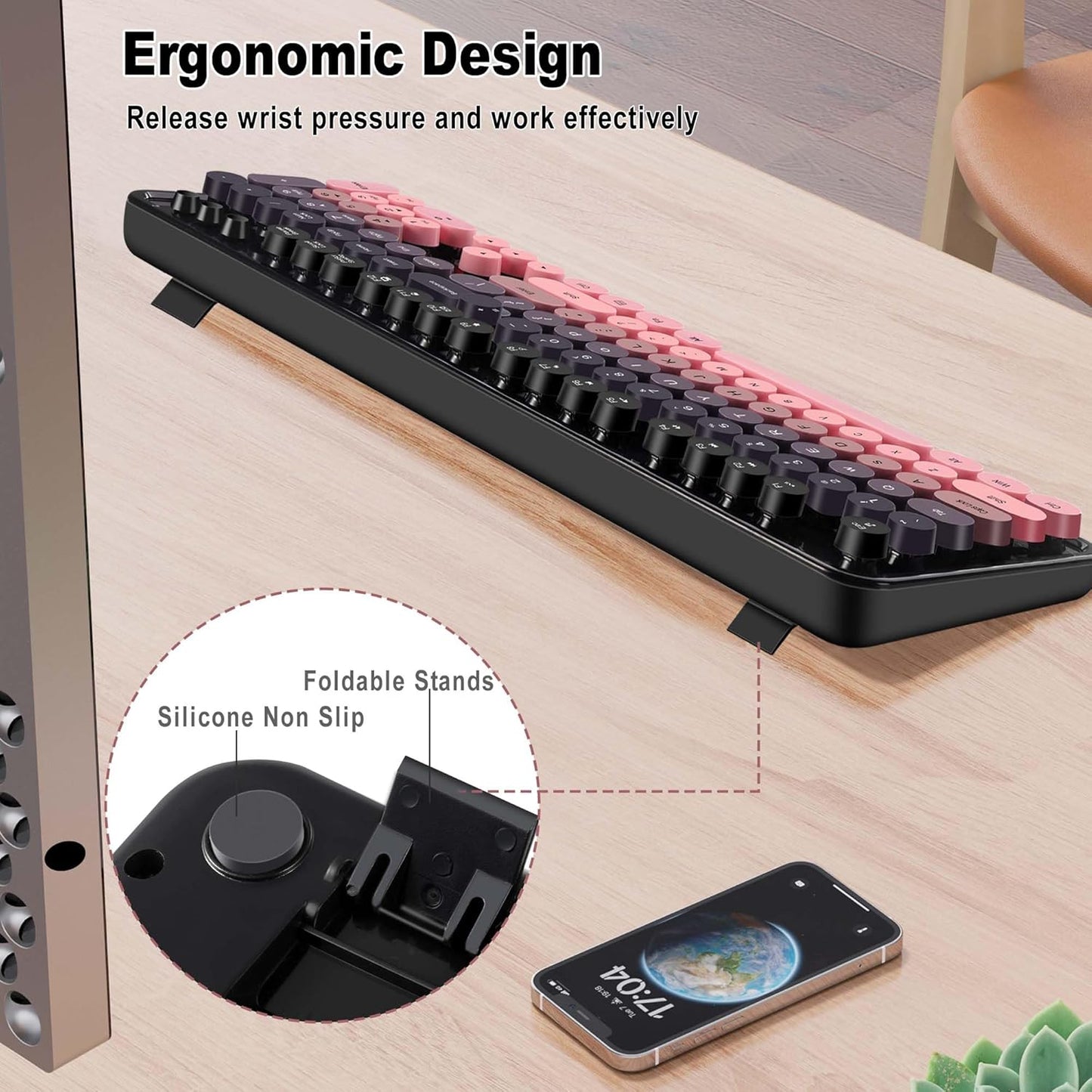 Wireless Keyboard and Mouse Combo, Cute Colorful 104 Keys Typewriter Retro Round Keycaps Keyboard for PC Laptop,Desktop,Windows, Home and Office Keyboards(Black Pink)