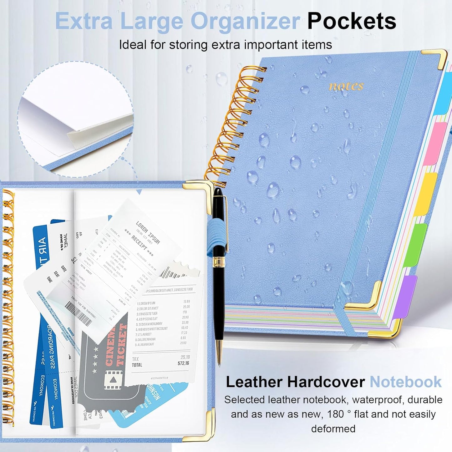 Hardcover Spiral Notebook 8"x10" Journal Notebook with Tabs and Removable Dividers 300 Pages 5 Subject Notebook College Ruled, Faux Leather Spiral Bound Notebook for Women, Students, School Work (Lake Blue)