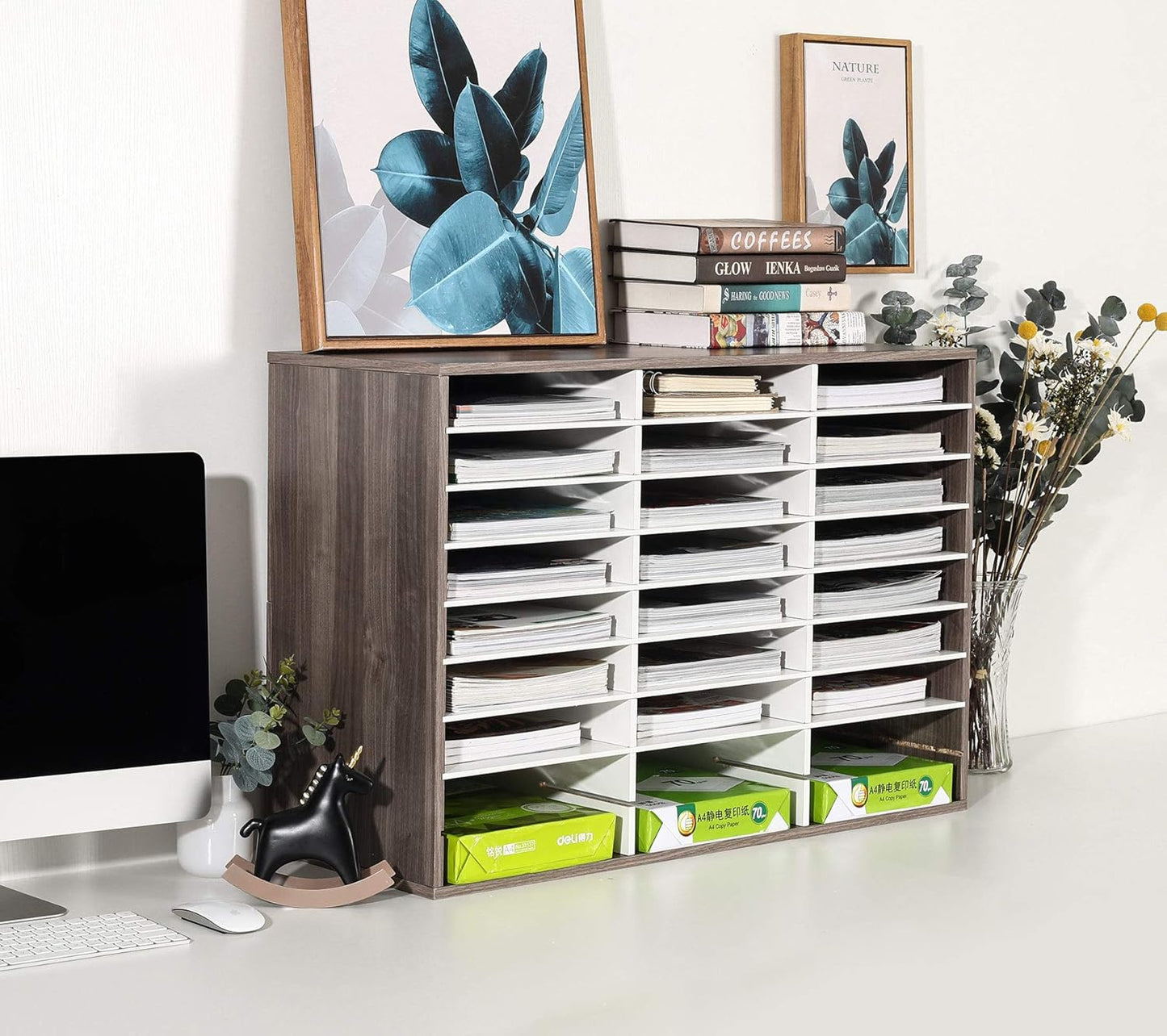 TQVAI Wood Adjustable Literature Organizer Desktop File Sorter Mail Center Paper Storage Cabinet Home & Office Mailbox School Classroom Keepers, 27 Slots Compartments, Retro Grey/White