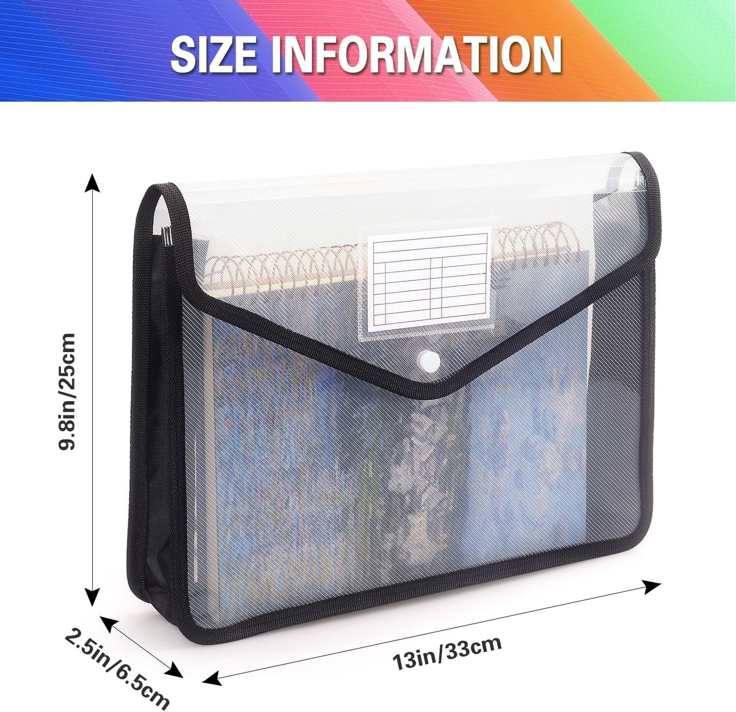 Plastic Expanding File Folder, Transparent envelopes with Snap Closure, No Dividers, Large Capacity, Fit Letter/A4 Size (Black)