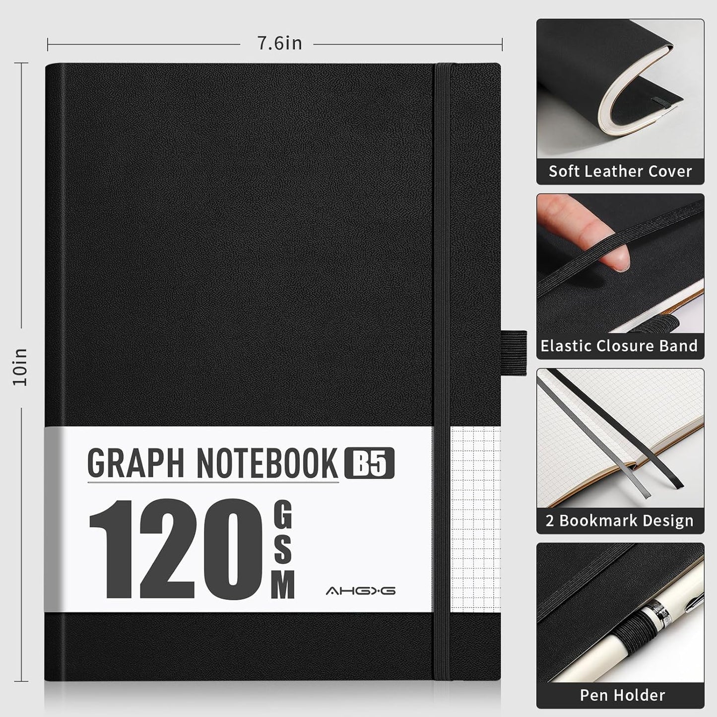 AHGXG Graph Paper Notebook - Grid Notebook Journal, 120 GSM Thick Graph Paper, Large B5 Notebook 96 Pages, Leather Softcover, for Graphing, Writing, Math, Engineering, 7.6'' X 10'' - Black