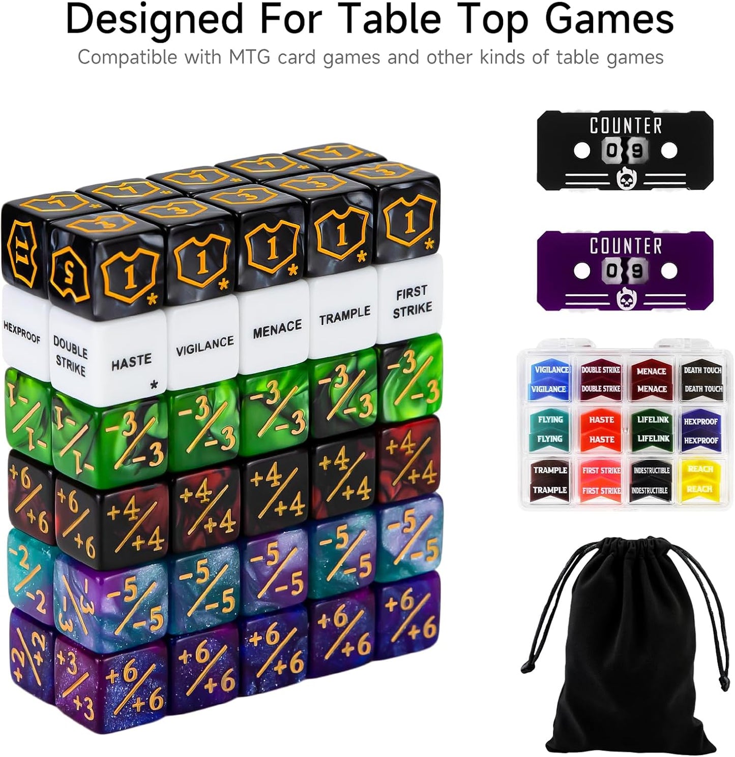 SIXPOINTS 122Pcs MTG Dice Counters Keyword Counters Life Counter 1/+1 counters Commander Buff Tokens 6 Sided Dice Set for Magic The Gathering, MTG, TCG, Card Games Accessories (B-122PCS/SET)