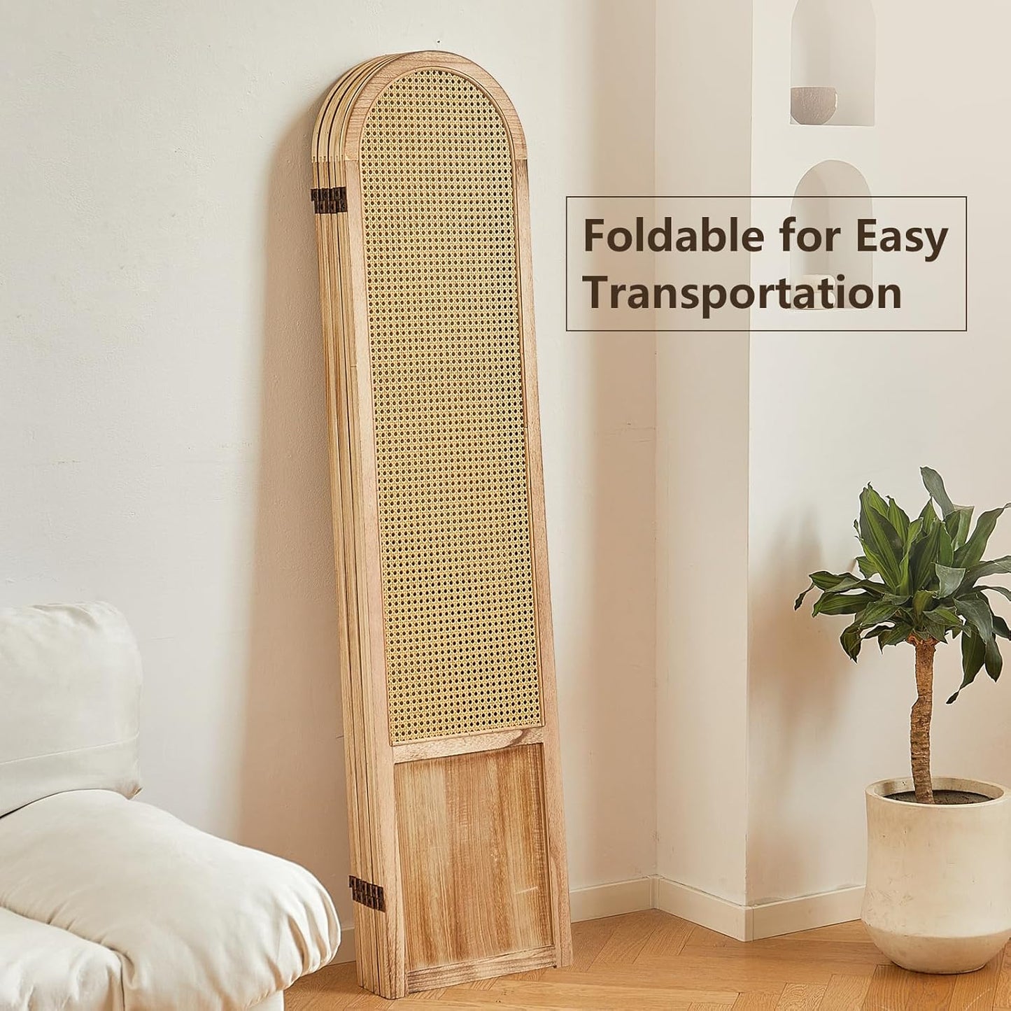 6 Panel Rattan Room Divier, Room Divider Panel and Folding Privacy Screens, Room Divider Wall, Solid Wood Frame, Partition Room Dividers, Bedroom, Lounge, Light Brown