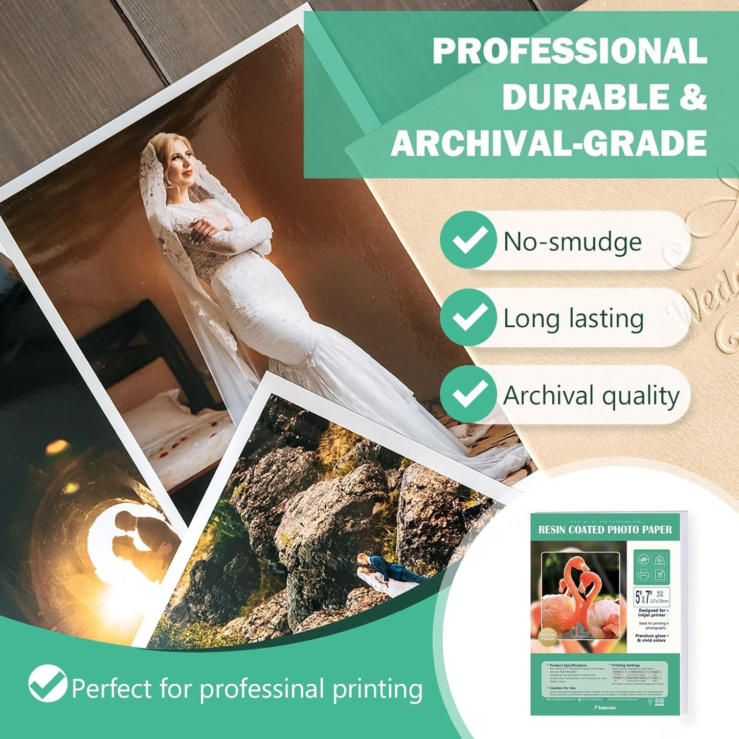 Ultra-Premium Glossy RC Photo Paper, Professional and Heavyweight Metallic Resin Coated Photo Paper, Pigment and Dye Inkjet Printer Suitable, Waterproof, 5x7, 50 Pack
