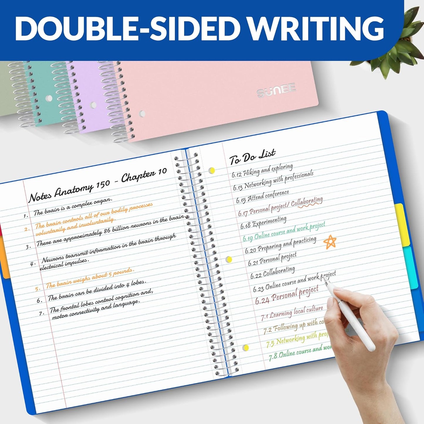 SUNEE 5 Subject Notebook College Ruled - 400 Pages, 9"x11", 5 Pocket Colored Dividers, 3-Hole Punched Paper, Blue