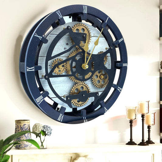 The Gears Clock 16 inches Wall Clock with Real Moving Gears Convertible into a Big Mantel Clock (White Farmhouse)