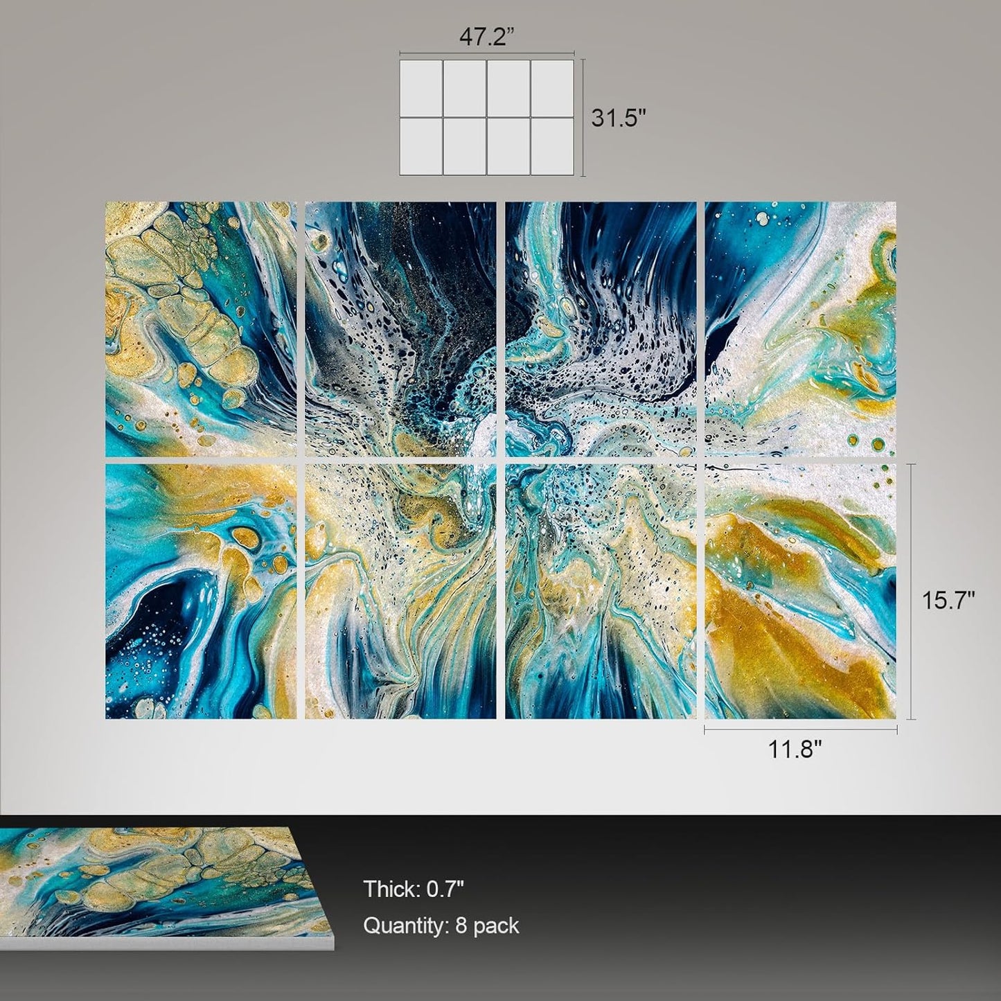 UMIACOUSTICS 8 Pcs 0.7Inch Thick Art Acoustic Panels, Total 47.2” x 31.5” Decorative Sound Absorbing Art Panels, Acoustical Wall Panels for Home, Office, Hotel, Lakeland Blue-Ripple