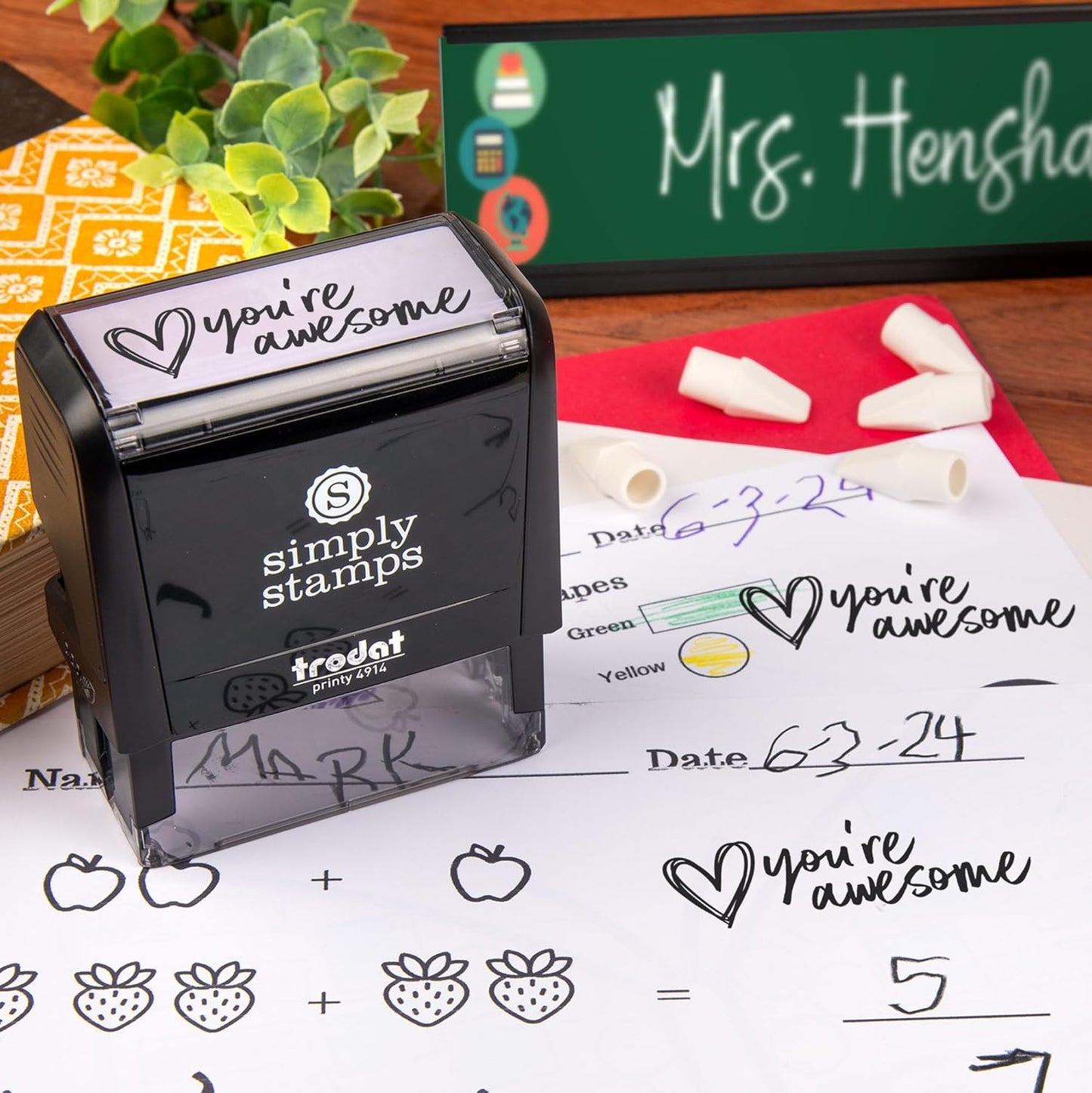 Custom Self-Inking Stamps | 49 Designs | Fun Phrases | Grading Made Easy | Classroom, Library and Book Stamps (You're Awesome, Xtra Wide)